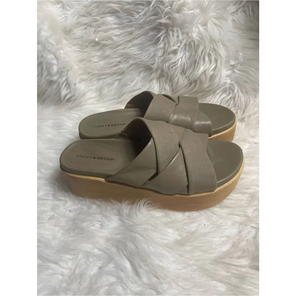 Lucky Brand Taupe Woven Platform Slide Sandals